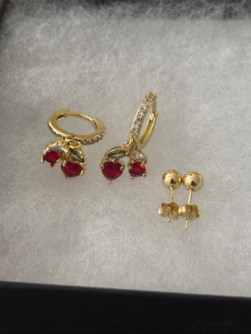Gold Cherry Charm Hoop Earrings with CZ Accents & ball stud goldtone earrings